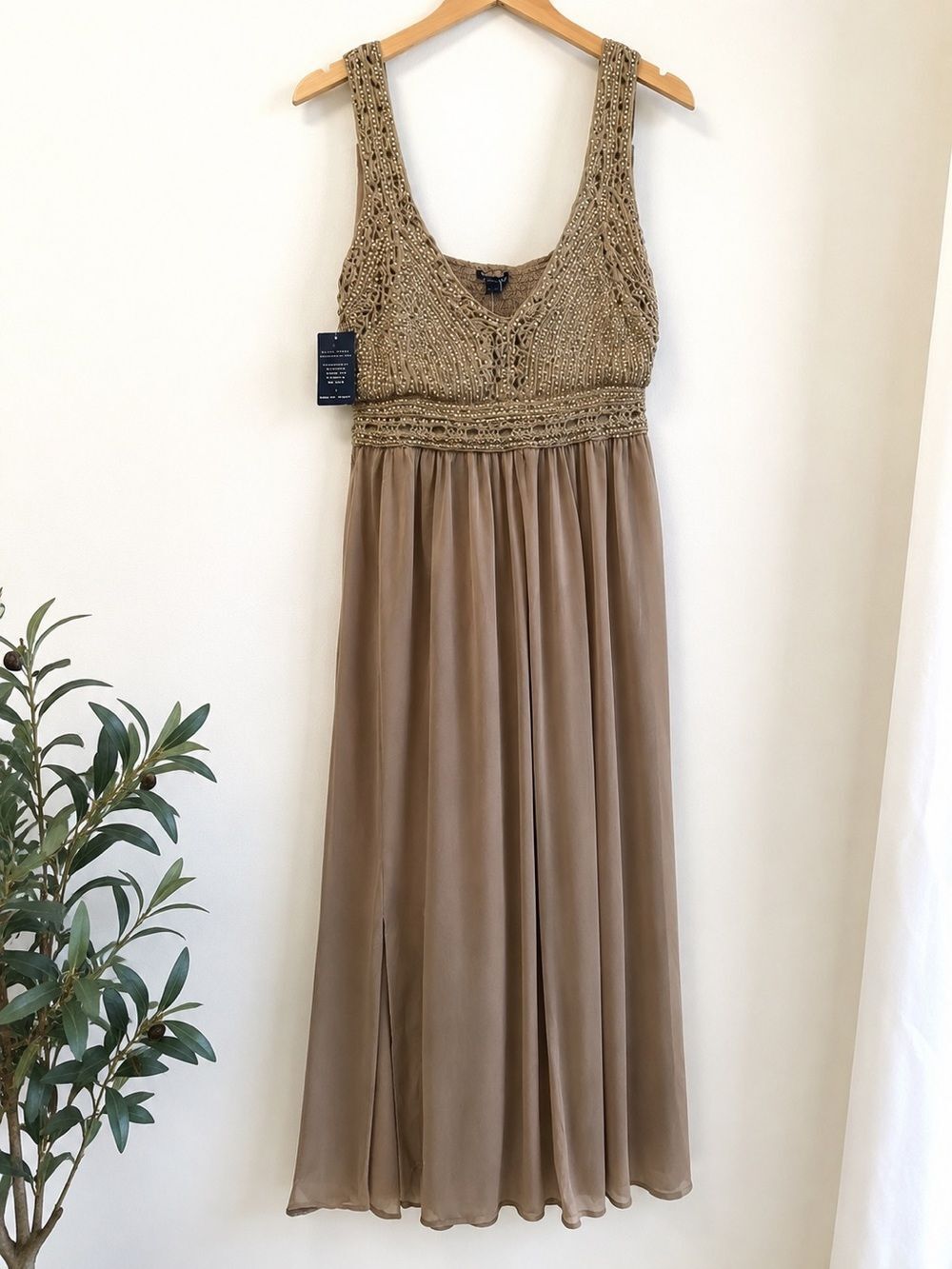 Boston Proper Gold Beaded Maxi Dress L Prom Wedding Guest Evening Gown